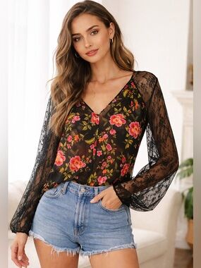 Highline Floral Sheer Blouse Lace Sleeve Boho Romantic Top M/L Y2K